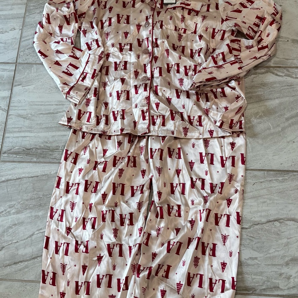 Bella Full-Length PJ Set With Velvet Tie - Ivory + Red FALALA